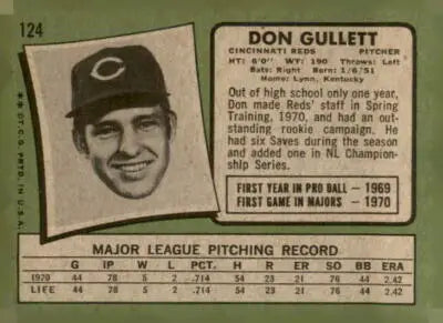 Vintage Don Gullett Cincinnati Reds rookie card from 1971 Topps #124 EX
