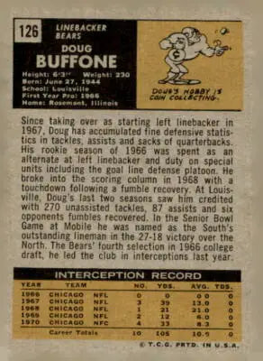 1971 Topps Doug Buffone Chicago Bears trading card featuring NFL football player