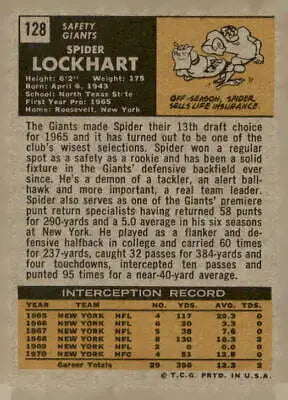 Vintage football card back featuring Spider Lockhart of the New York Giants from 1971 Topps #128