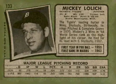 Mickey Lolich trading card from 1971 Topps series, vintage Mickey Lolich baseball card