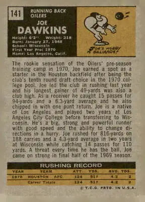 Joe Dawkins Houston Oilers trading card back from 1971 Topps #141 football card