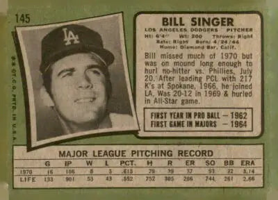 Vintage Bill Singer baseball card from 1971 Topps #145 with a clear image perfect for trading card collectors