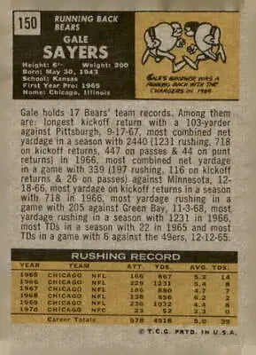 Vintage Gale Sayers football trading card from 1971 Topps #150 featuring Chicago Bears legend