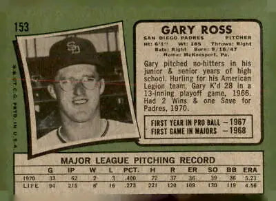 Gary Ross baseball card from 1971 Topps #153 featuring San Diego Padres player