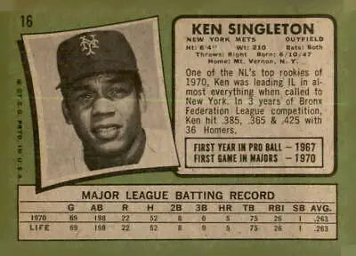 Vintage Ken Singleton baseball card from 1971 Topps #16 featuring Ken Singleton baseball player