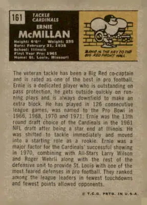 Vintage Ernie McMillan football card back from 1971 Topps #161 Mcmillan football card