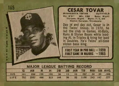Vintage Cesar Tovar baseball card from 1971 Topps #165 in EX-MT condition