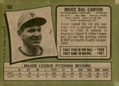 Vintage baseball card featuring Bruce Dal Canton from 1971 Topps series