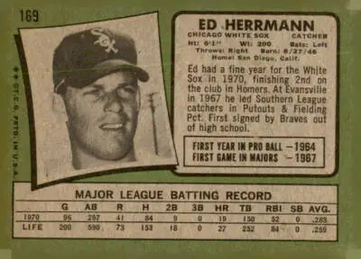 Vintage baseball card of Ed Herrmann from 1971 Topps #169 Chicago White Sox sports trading cards