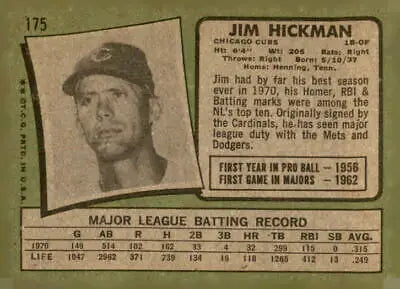 Vintage Jim Hickman baseball card from 1971 Topps #175 featuring Jim Hickman
