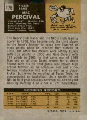Vintage 1971 Topps Mac Percival trading card featuring Mac Percival football memorabilia