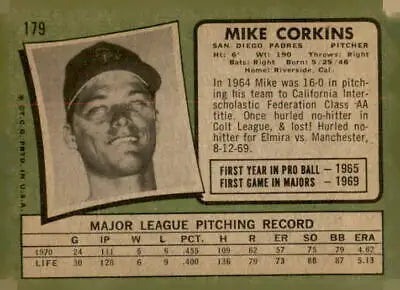 Vintage 1971 Topps trade card featuring Mike Corkins sports trading card