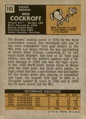 Vintage football card back featuring Don Cockroft of the Cleveland Browns, 1971 Topps #193
