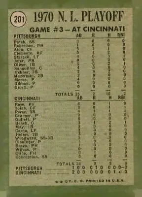 Vintage 1970 N L Playoff baseball scorecard showing Cline scores winning run