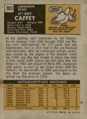 Vintage football card back featuring Lee Roy Caffey of the Chicago Bears from 1971 Topps