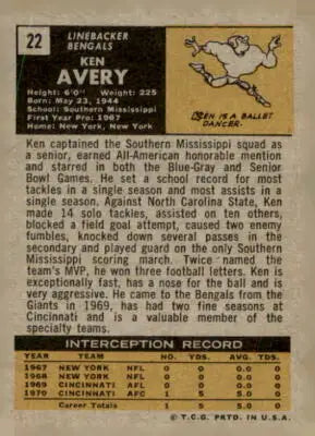 Vintage 1971 Topps Ken Avery football card featuring Cincinnati Bengals player