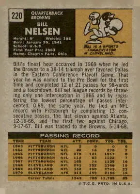 Vintage football card back of 1971 Topps Bill Nelsen featuring Cleveland Browns memorabilia