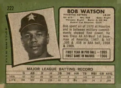 Vintage 1971 Topps Bob Watson baseball card featuring Bob Watson baseball memorabilia