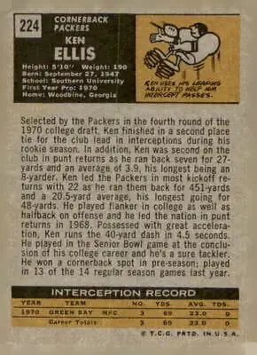 Ken Ellis football card back featuring Green Bay Packers collectible in 1971 Topps #224