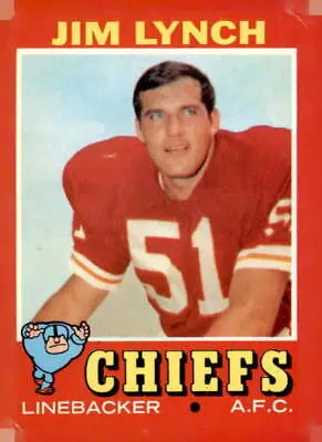Jim Lynch football card from 1971 Topps #232 featuring Kansas City Chiefs linebacker