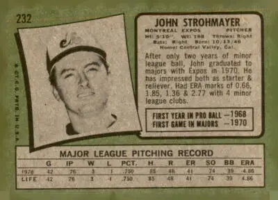 Vintage trading card of John Strohmayer from the 1971 Topps Montreal Expos collection