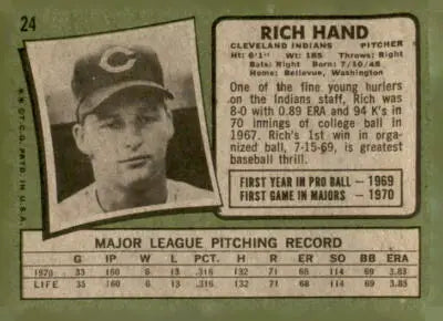 Vintage 1971 Topps Rich Hand baseball card featuring Rich Hand from the hand baseball collection