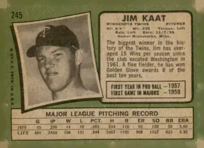 Vintage 1971 Topps #245 HOF Jim Kaat sports trading card for collectors