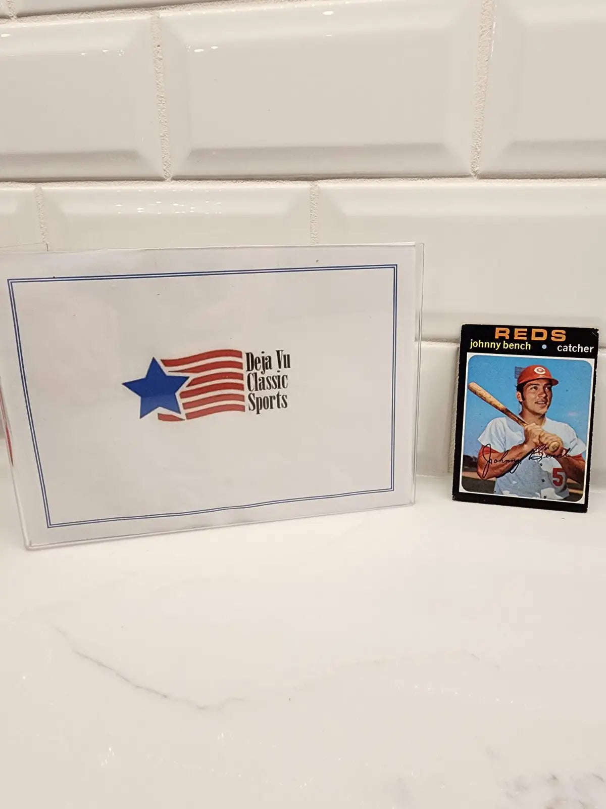 Trading card and sports memorabilia package featuring 1971 Topps Johnny Bench #250