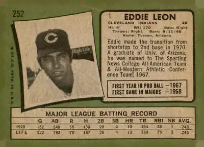 Vintage 1971 Topps Eddie Leon baseball card showing Leon Baseball memorabilia