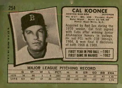 Cal Koonce baseball card from 1971 Topps #254 featuring Boston Red Sox player
