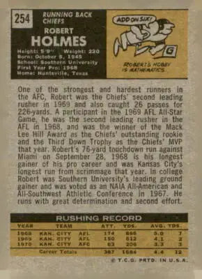 Vintage Robert Holmes football card from 1971 Topps #254 featuring Kansas City Chiefs star