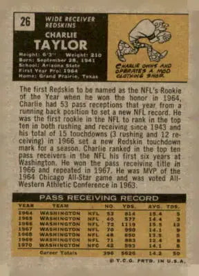 Vintage Charley Taylor football card back from 1971 Topps #26 showcasing classic Taylor football memorabilia