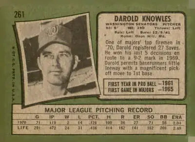 Vintage 1971 Topps #261 Darold Knowles trading card with classic trading card features