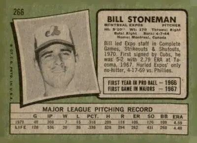 Vintage Montreal Expos player trading card featuring 1971 Topps #266 Bill Stoneman