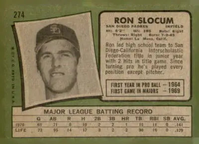 Vintage 1971 Topps Ron Slocum sports trading card from the sports trading collection