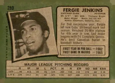 Vintage Fergie Jenkins baseball card from 1971 Topps #280 featuring Jenkins baseball card