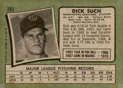 Vintage Washington Senators trading card 1971 Topps #283 Dick Such collectible image