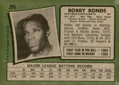 Vintage Bobby Bonds baseball card from 1971 Topps #295 featuring San Francisco Giants player