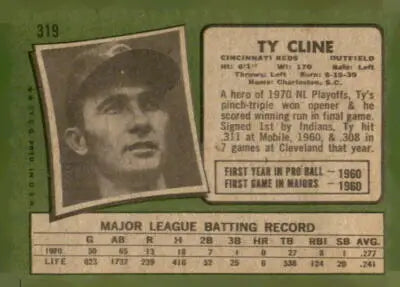 Vintage 1971 Topps Ty Cline Cincinnati Reds trading card, EX condition baseball card