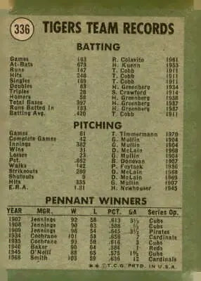 Vintage Detroit Tigers trading card back from 1971 Topps #336 Detroit Tigers EX