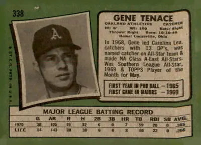 Vintage baseball card featuring 1971 Topps Gene Tenace of the Oakland Athletics