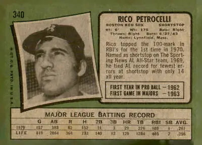 Vintage Rico Petrocelli baseball card from 1971 Topps #340, Red Sox collectible