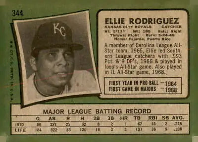1971 Topps #344 Ellie Rodriguez Vintage Baseball Card Kansas City Royals EX-MN