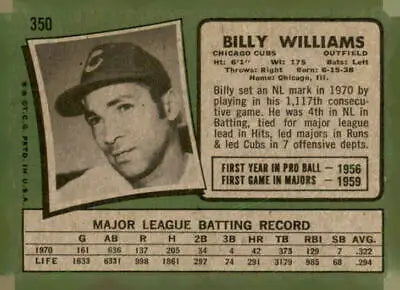 Vintage Billy Williams baseball card from 1971 Topps #350 featuring Chicago Cubs player