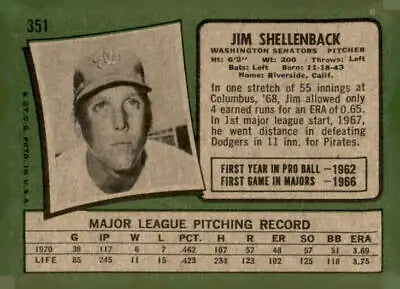 Vintage 1971 Topps Jim Shellenback baseball card featuring Washington Senators player