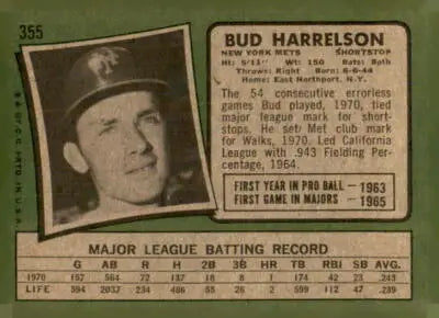 Vintage sports trading card featuring Bud Harrelson from the 1971 Topps series