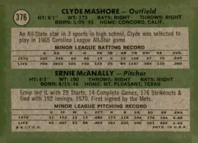 Baseball card back featuring rookie stars Clyde Mashore and Ernie McAnally for 1971 Topps