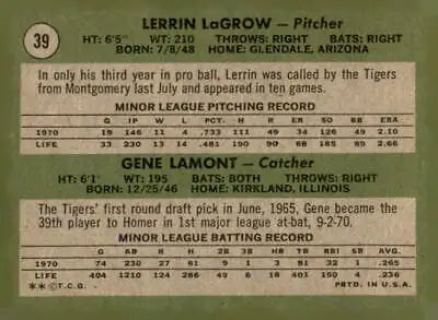 Baseball card back featuring 1971 Topps rookie stars Lerrin LaGrow and Gene Lamont