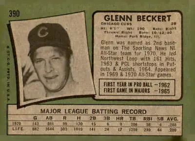 Vintage Chicago Cubs second baseman Glenn Beckert 1971 Topps #390 baseball card