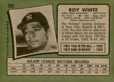 Sport trading card featuring Roy White from the 1971 Topps #395 collection